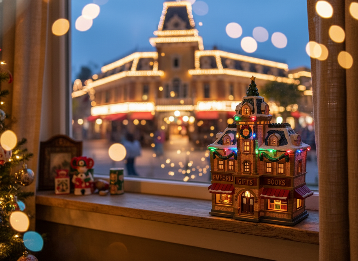 Decorative model of a building with lights on a windowsill, blurred background of a building and people.